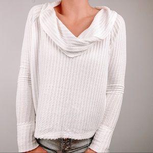 Free People Ivory Cow Neck Waffle Sweater